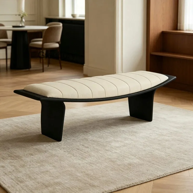 Arc Curved Frame Bed End Bench, Channel Stitch Upholstered Cushioned Top, Mid-century Minimalist Ottoman for Bedroom Entryway