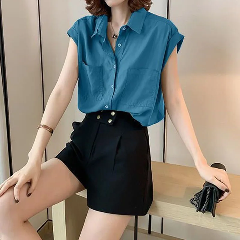 Simplicity All-match Turn-down Collar Solid Color Women\'s Shirt Summer Korean Loose Sleeveless Button Blouse Female Clothing