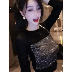 Spring Summer Hot Drill T-shirt Women's Casual Long Sleeve Mesh Patchwork Tops Ladies Elegant Shiny Trendy Female Clothing Tees