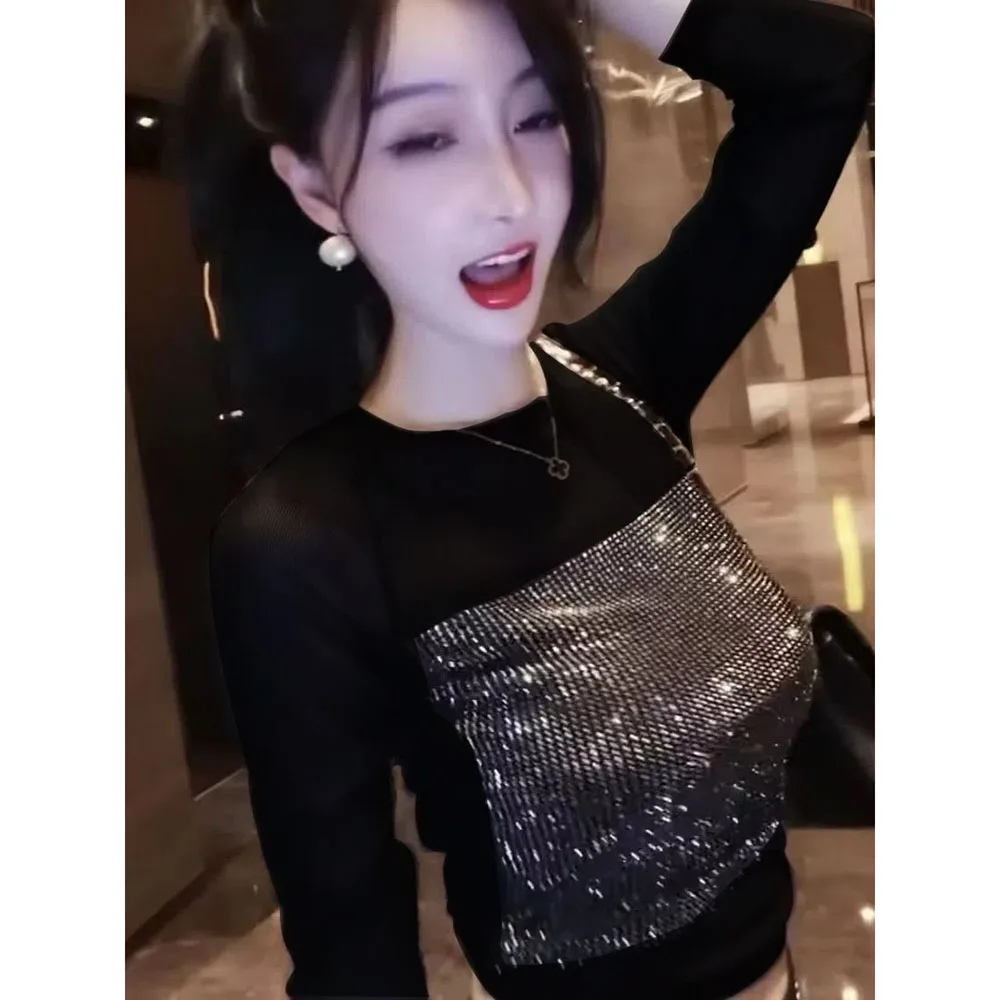 Spring Summer Hot Drill T-shirt Women's Casual Long Sleeve Mesh Patchwork Tops Ladies Elegant Shiny Trendy Female Clothing Tees