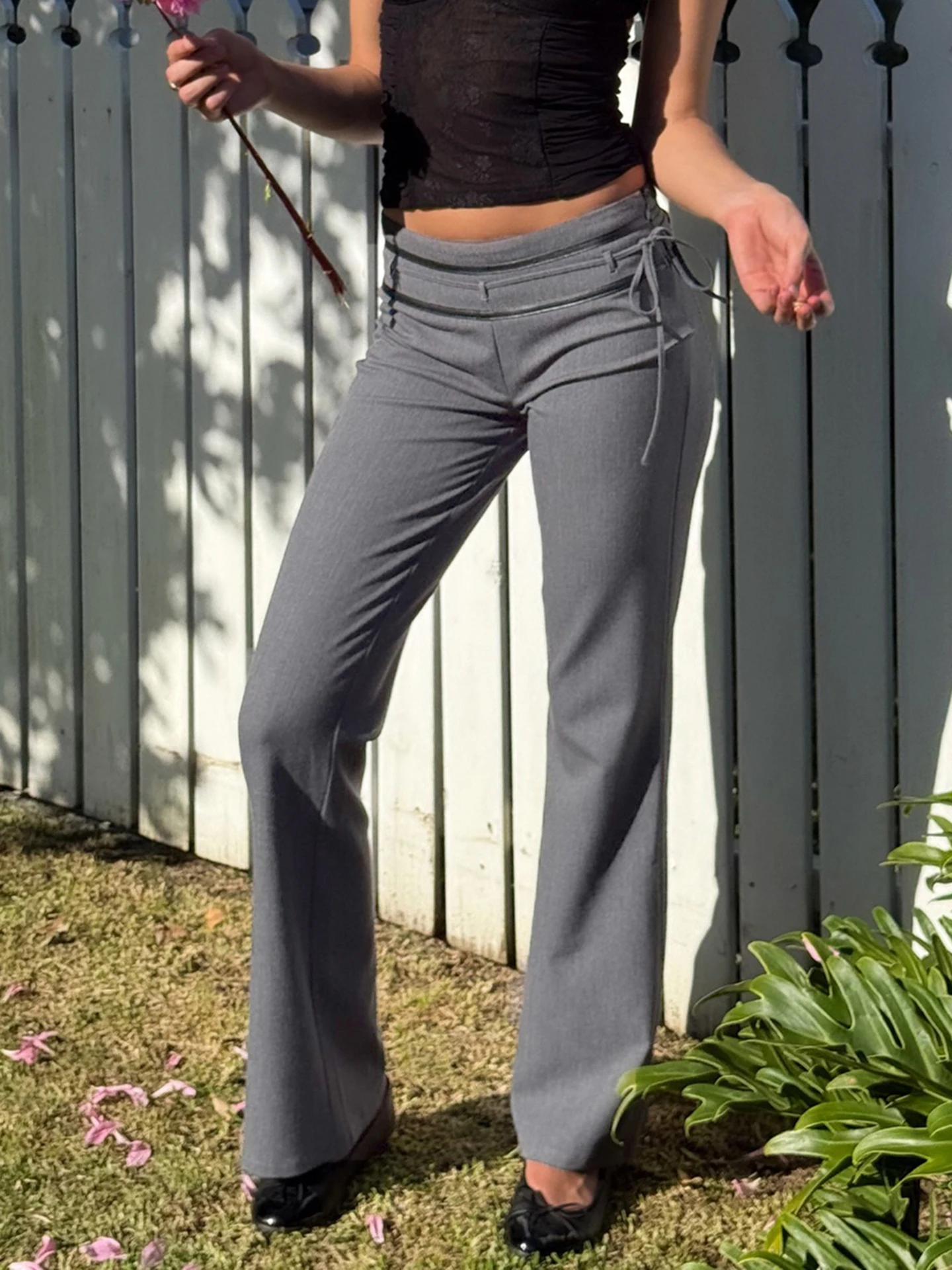 

Weekeep Ladies Casual Grey Flared Pants Chic Leather Striped Patchwork Low Rise Casual Pants Streetwear y2k Trouser Korean Style