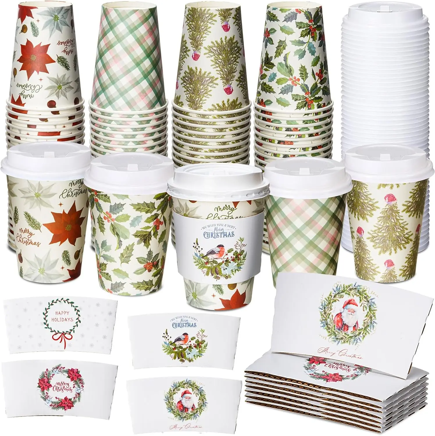 

100 Pack 12 oz Christmas Disposable Coffee Cups with Lids and Sleeves Insulated Paper Coffee Cups with Dome Lids and Sle