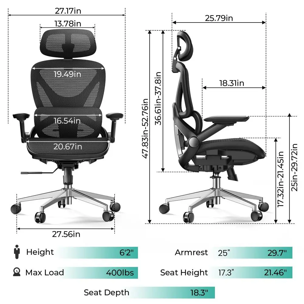 

Ergonomic Mesh Office Chair, Adjustable Lumbar High Back Desk Chair 400lbs, 4D Flipup Arms, 3Level Tilt Backrest, 3D Headrest,
