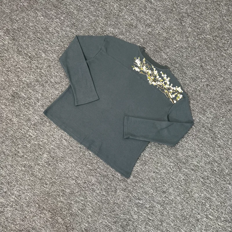 

Derschutze Blossom Waffle Long Sleeve Embroidery Sakura T Shirt Men Women High Quality Casual Breathe Loose T-shirt Clothes