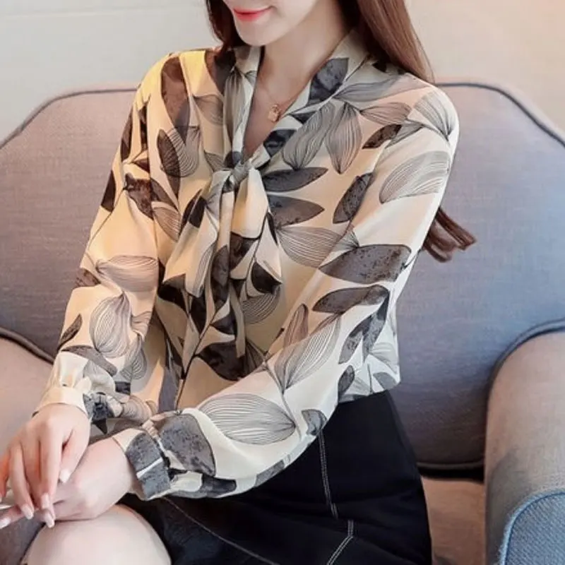 Abbigliamento femminile pendolare sciarpa collare elegante fasciatura fiocco camicia primavera autunno moda monopetto coreano camicetta in Chiffon sciolto