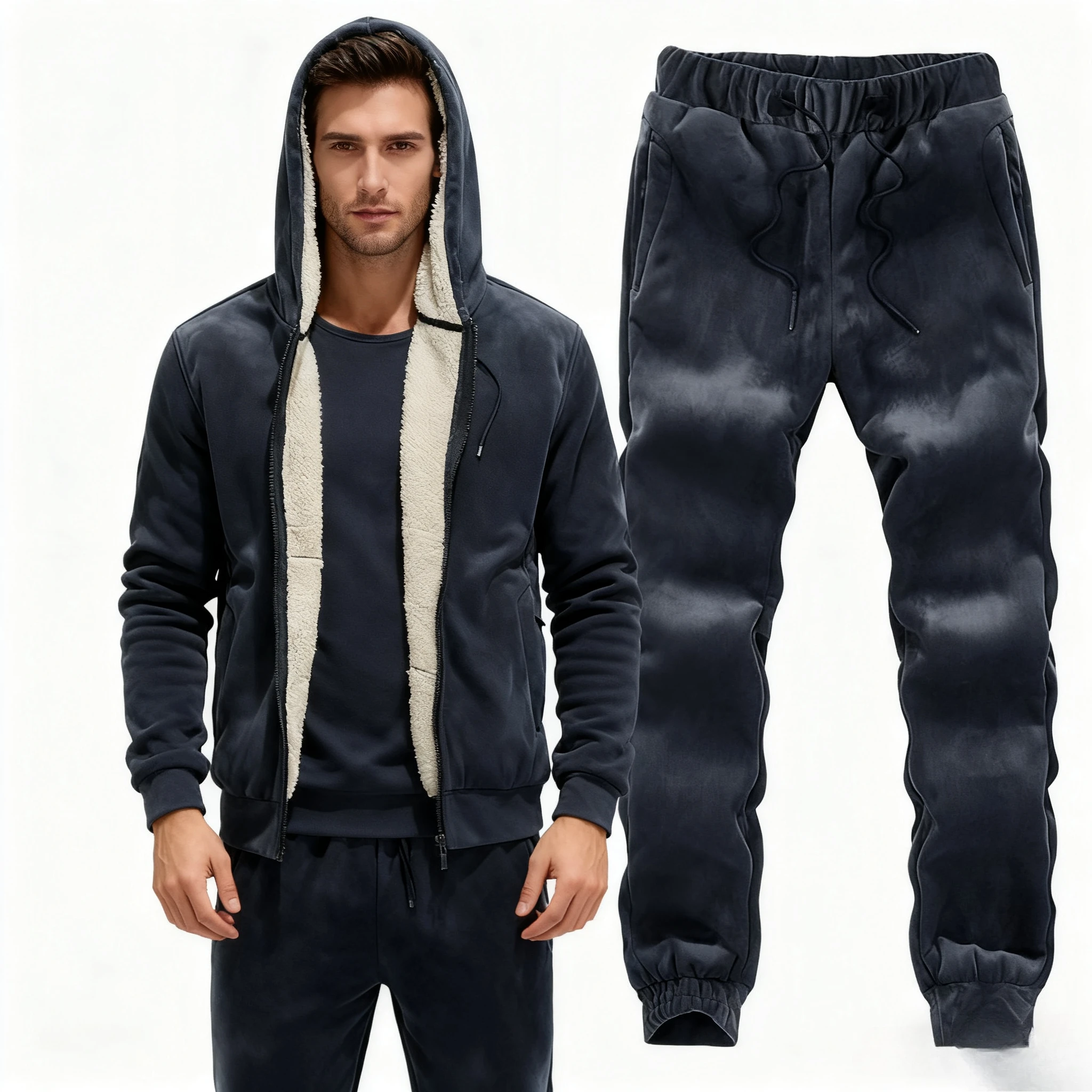 

2025 Winter Silver Fox Fleece Set for Men - Hoodie with Fleece Lined Sweatshirt, Fashionable and Trendy Casual Set