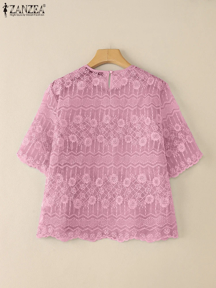 ZANZEA 2025 Camicetta di pizzo estiva Donna Mezza manica Camicie patchwork casual Moda elegante Office Lady OL Top Tunica Blusas allentate