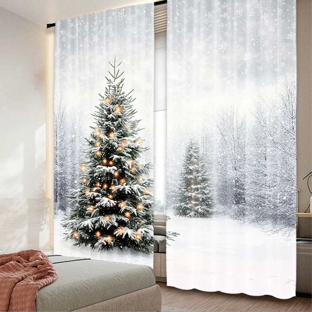 2Pcs Christmas Curtain Natural Winter Forest Snowflake Snowfall White Snow Tree Home Party Decoration Modern Simplistic Drapes A