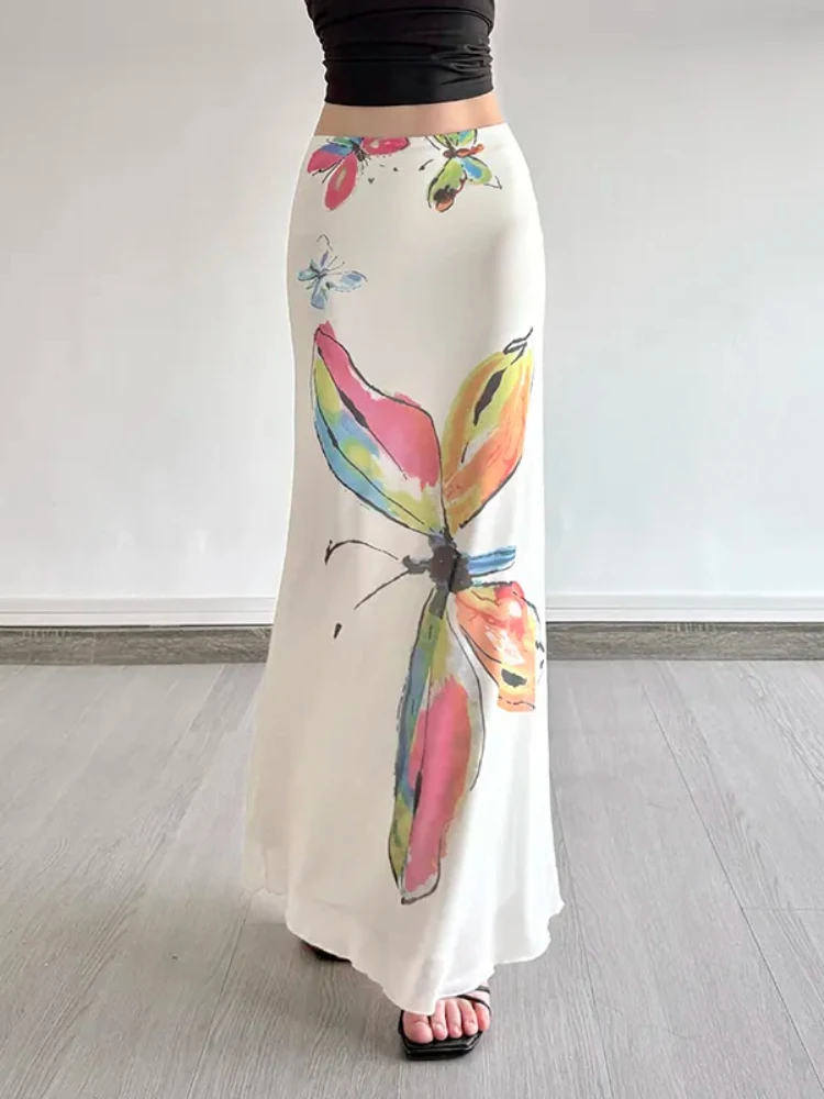 

Elegant Printed Mesh Fishtail Skirt Women 2025 Summer Fashion Versatile Slim Long Skirts Y2k Streetwear