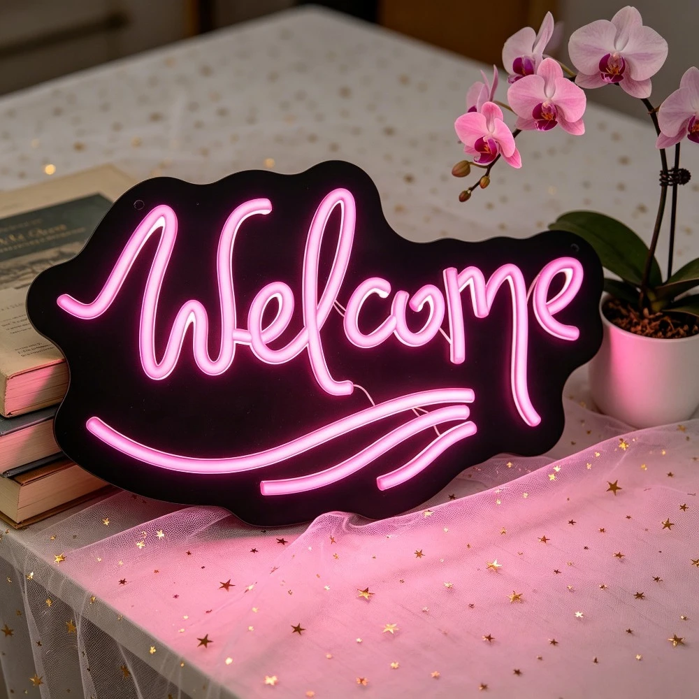 Welcome Neon Sign LED Light for Home Bar Party Decor USB Rechargeable Night Light Acrylic Wall Art Sign Cafe Shop Decoration