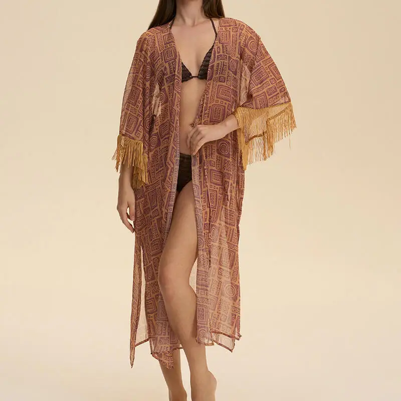 

2026 Bohemian Chiffon Shawl Lady Fashion Stripe Wrap Tassels Cape Sunscreen Beach Bikini Cover-Up Robe Summer New Lounge Wear
