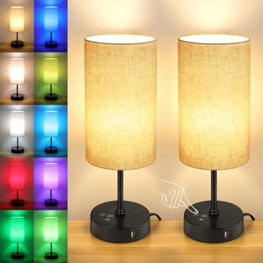 

Table Lamp Set of 2, 3 CCT 3000K/4500K/6500K and RGB Color Changing, Stepless Dimmable Small Bedside Lamp for Reading, Ambience