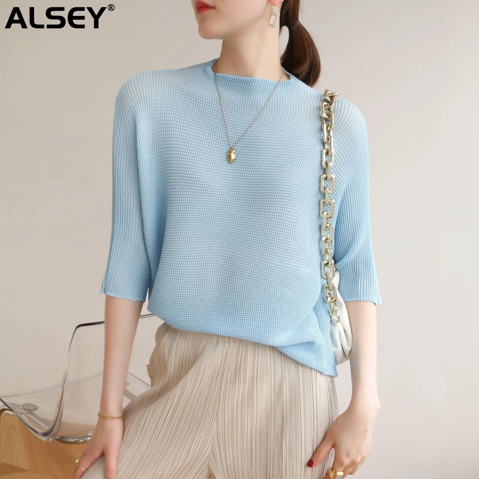 

ALSEY Miyake Summer New Basic Solid Color Base Shirt Fashion Plus Size Sweet Long Sleeve Versatile Casual Top for Women