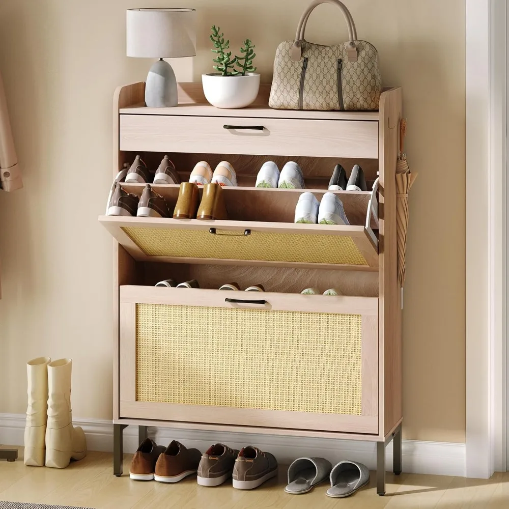 

Rattan Shoe Storage Cabinet with 2 Flip Drawers and 1 Drawer, Narrow Freestanding Shoe Cabinet for Entryway, Slim Hidden Shoe Or