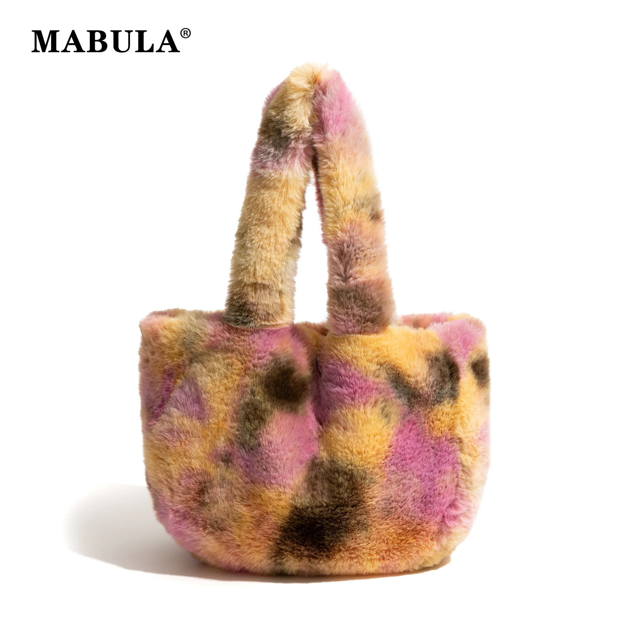 

MABULA Fashion Faux Fur Handbag Unique Colorful Tie-dye Design Simple Cell Phone Purse Soft Plush Winter Ladies Shopping Pouch