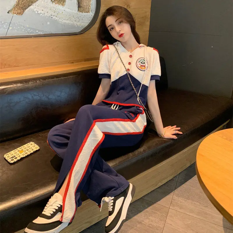 Leisure Sports 2-piece Spring and Summer New Fashion Trend Short-sleeved Hoodie Wide-leg Pants New Matching Set