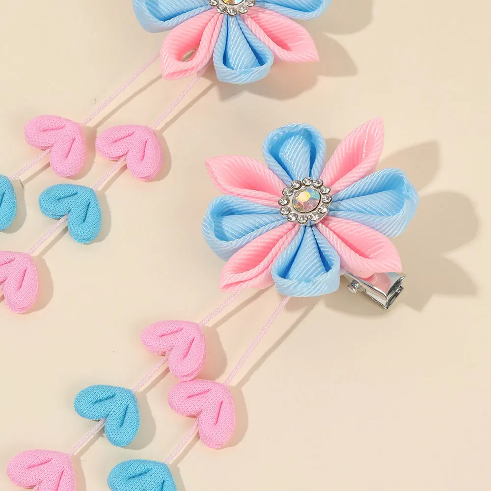 2Pcs Pink Ribbon Floral Hair Clips Love Heart Tassels Hairpin Handmade Stain Flower Barrettes Kids New Headwear Children Gifts