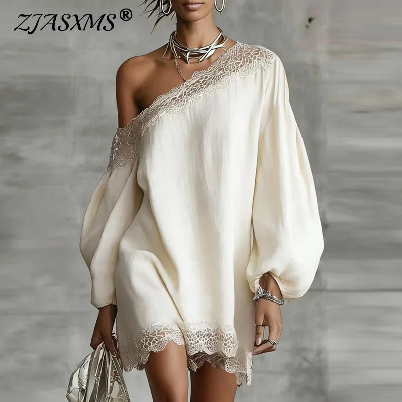 Robe Courte Sexy Femme Épaules Dénudées avec Dentelle, Manches Longues Lanterne, Tunique Décontractée Ample, Élégante pour Soirée d'Été et Plage