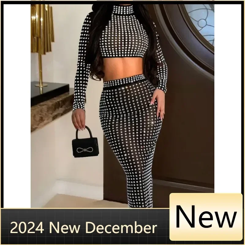 

Skirt Set Women Two Piece Sets Dress Sets Bodycon Hot Drilling Party Night Evening Short Tops Long Skirts Sexy Elegant Summer