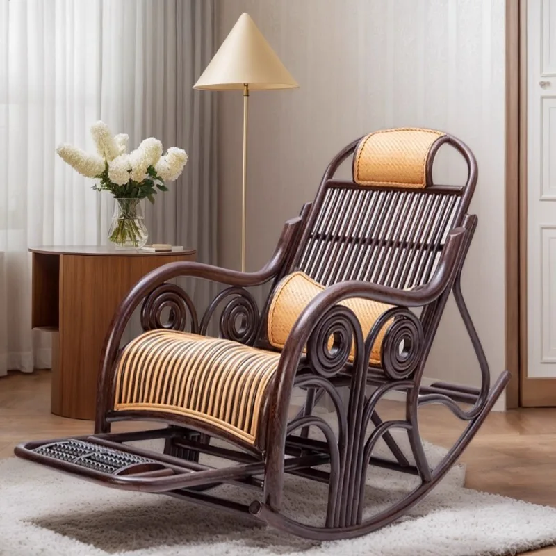 High-end rocking chair rattan chair real rattan balcony rattan leisure garden chair elderly home living room happy adult recline