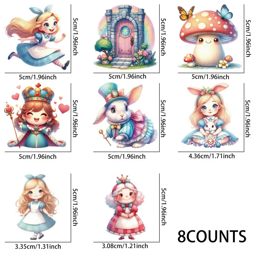 8pcs Kawaii Alice Wonderland UV DTF Cup Stickers, Waterproof Sticker Pack for Decorating Mugs, Cups,DIY Art Supplies