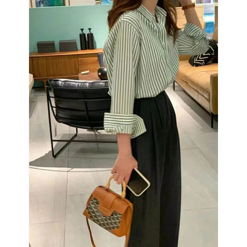 Striped Shirt for Women, Yang Mi\'s Same Striped Embroidered Shirt, Nordic Commuting Style, Early Spring of 2024