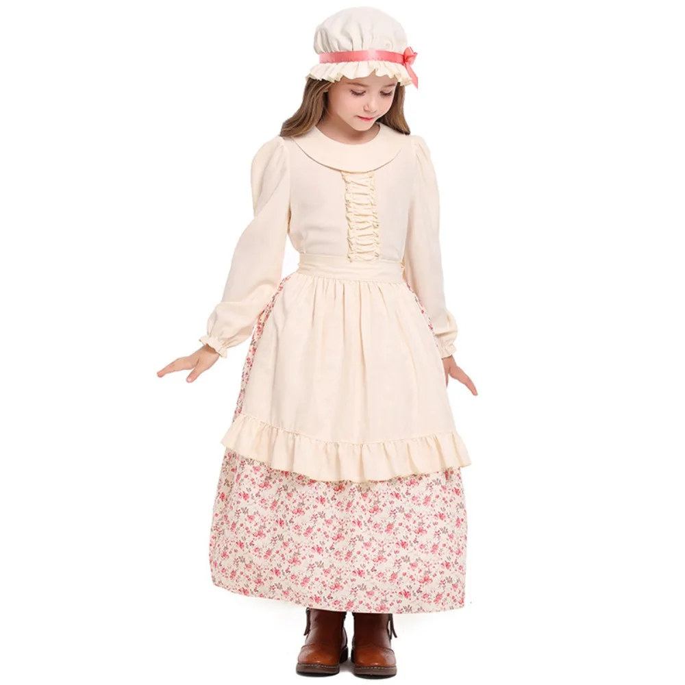 새로운 듀얼 컬러 더블 모자 인쇄 목가적 인 소녀 할로윈 매너 농부 의상