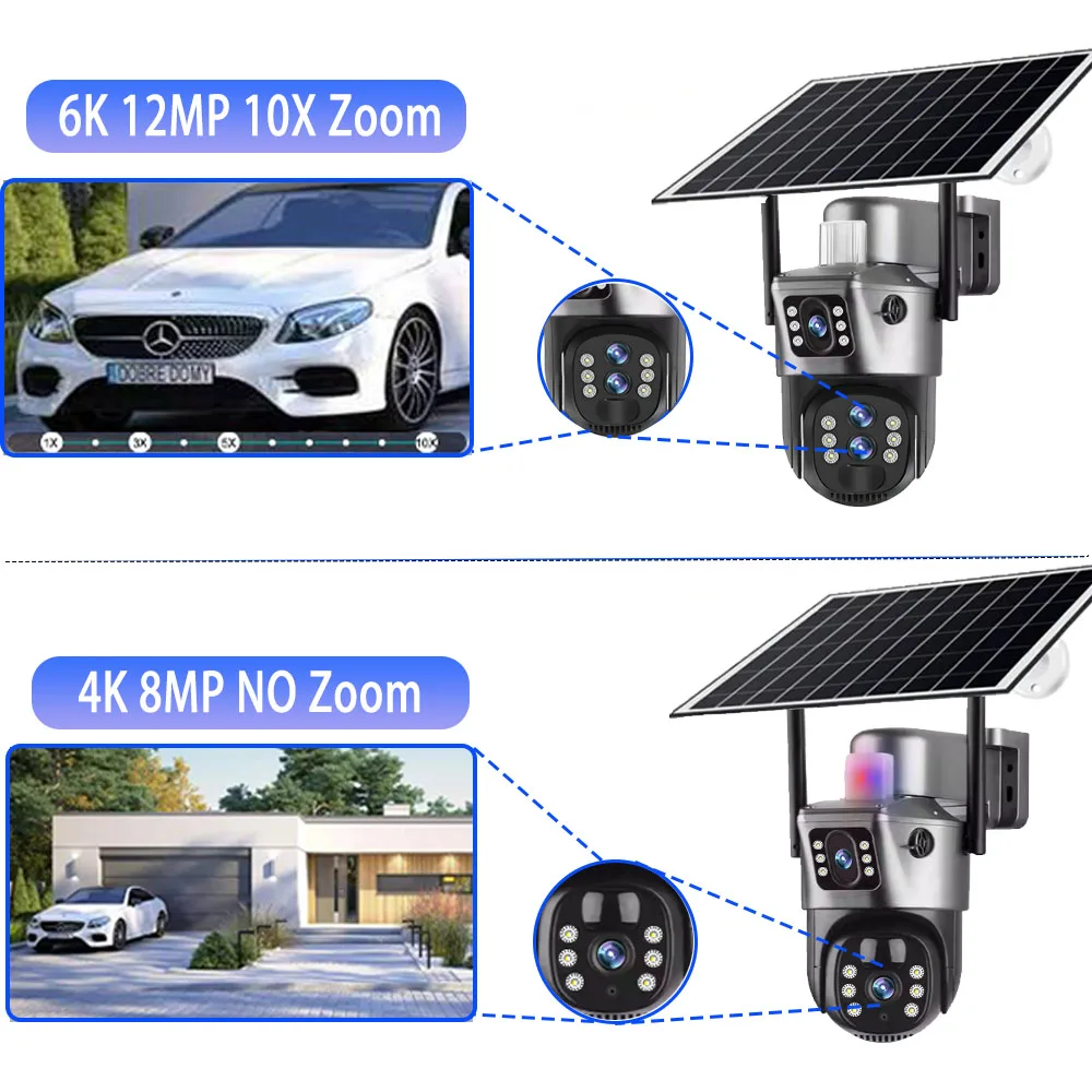 Солнечная камера с 10-кратным зумом, 4G, наружная Wi-Fi, 6K, 12 МП, три объектива, 360 PTZ, беспроводные камеры видеонаблюдения с автоматическим отслеживанием V380 Pro