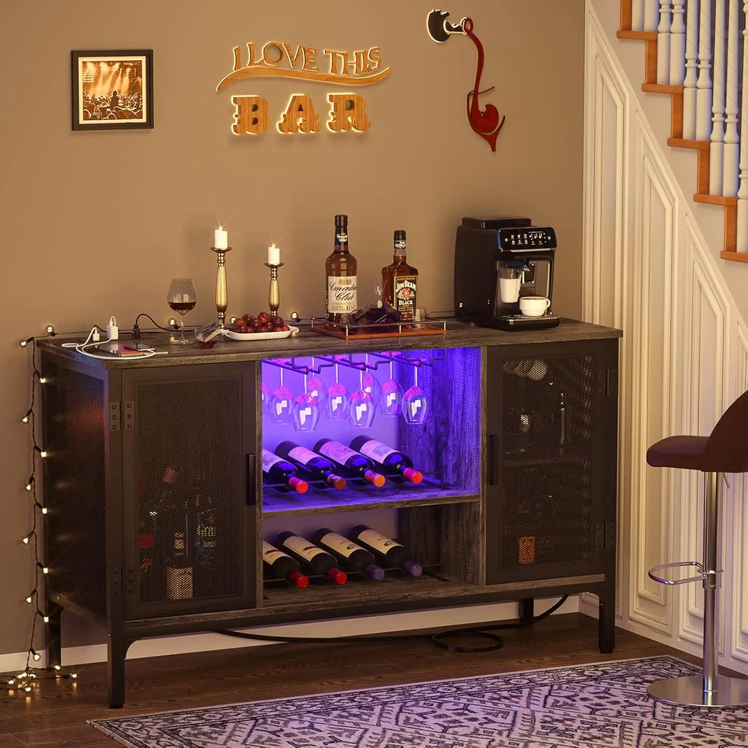 Homieasy Wine Bar Cabinet with Led Lights and Power Outlets, Industrial Coffee Bar Cabinet for Liquor and Glasses,