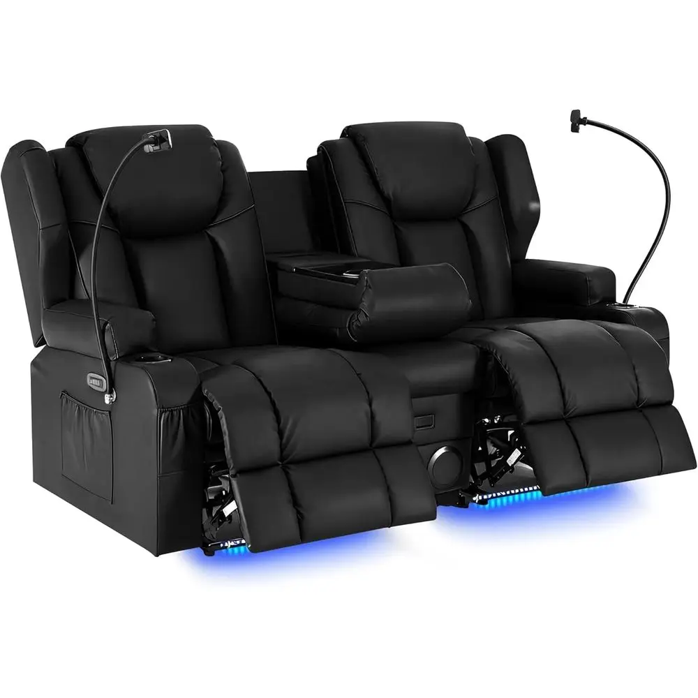 Leather Reclining Loveseat with Center Console, USB-C Port, Massage & Heat, Oversized Theater Chair (Black)