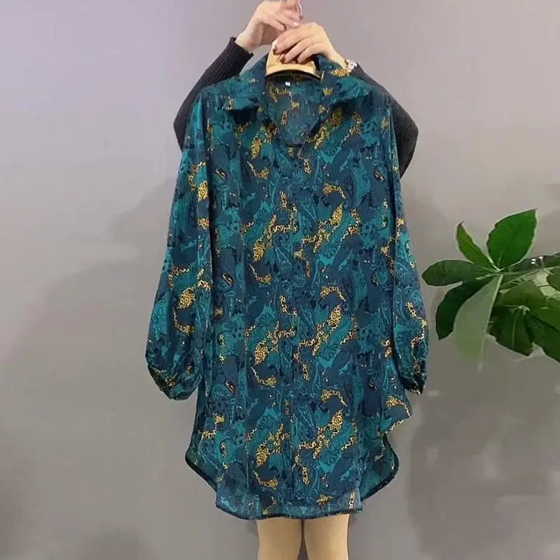 Women's Clothing Vintage Paisley Printed Blouse Contrasting Colors Spring Autumn Commute Turn-down Collar Fashion Loose Shirt