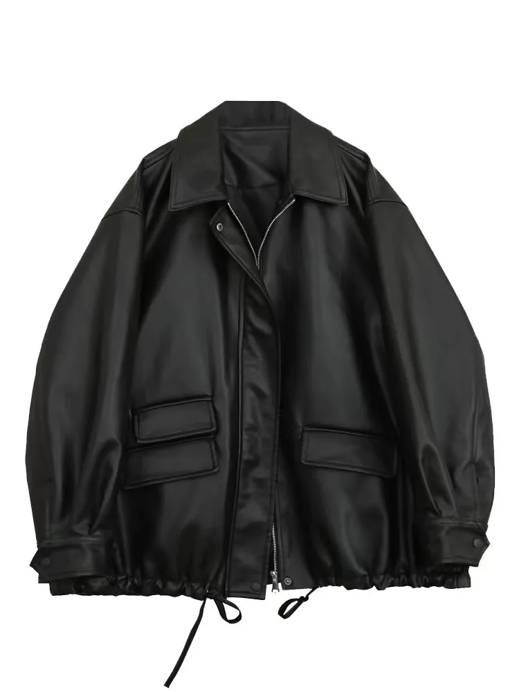 Tawaaiw Unisex Black Pu Leather Coats And Jackets Women Long Sleeve Pocket Turn-down Collar Streetwear American Retro Outerwear