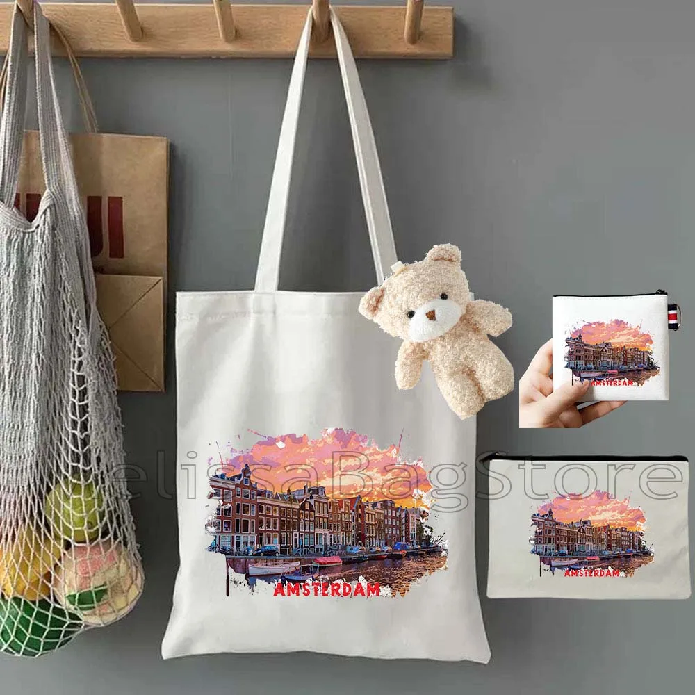 4PCS Gift Set Amsterdam Netherlands White Canvas Tote Bag Handbag with Doll Key Coin Purse Cosmetic Makeup Toilet Bag Case Pouch