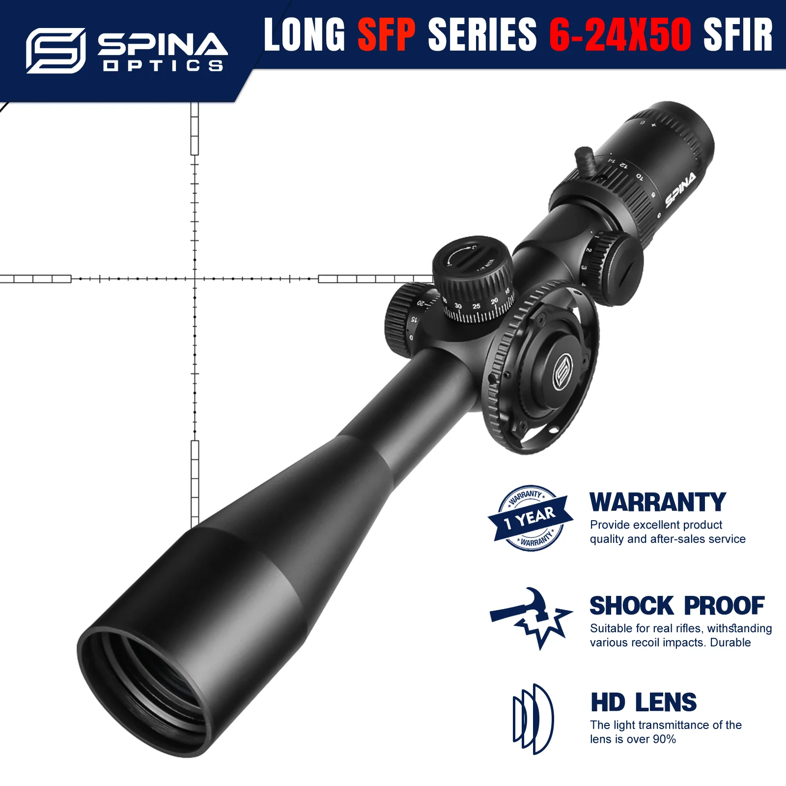 

SPINA OPTICS HD 6-24x50 Second Focal Plane Riflescope Glass Etched Reticle Mid Dot Sight Side Parallax Turrets Lock Reset.308etc