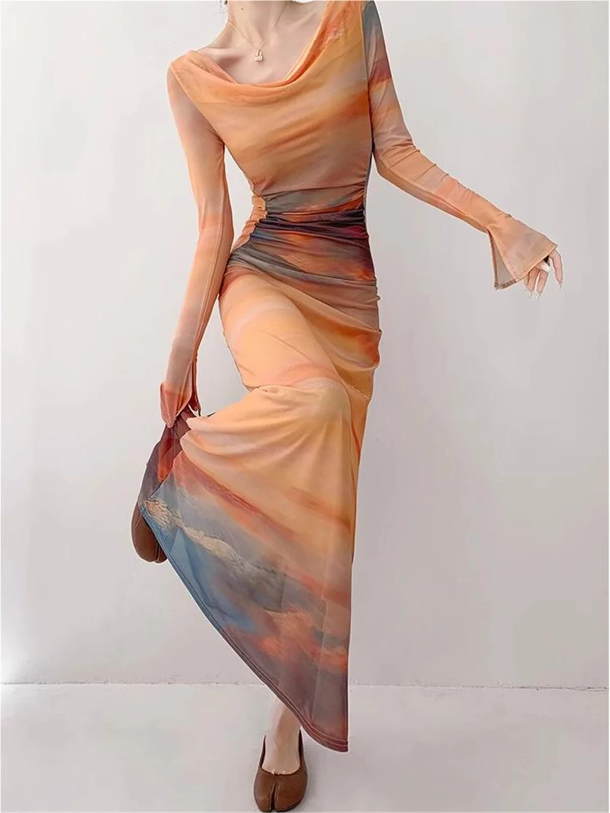 Vacation outfits 2024 Summer dress elegant evening party dresses for women tie dye dresses luxury long dresses mesh flare sleeve