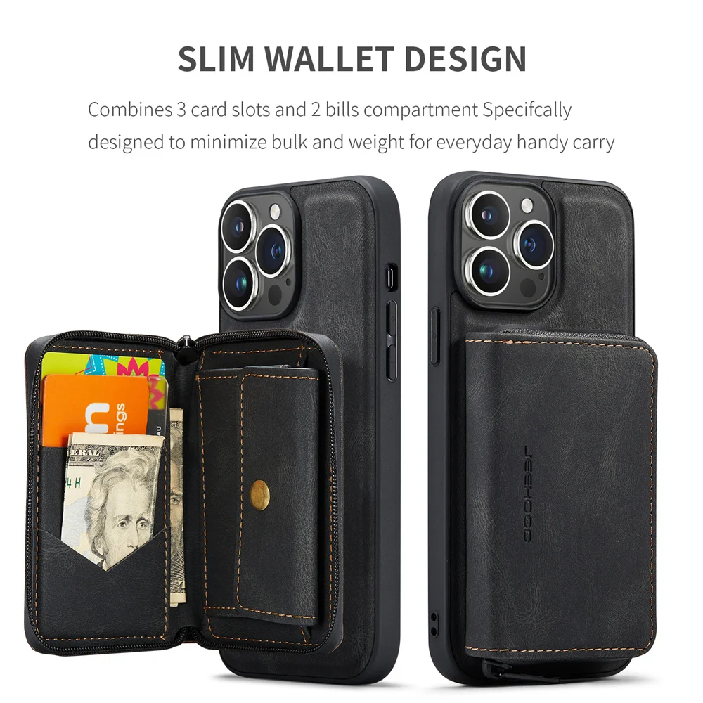JEEHOOD Luxury Detachable Zipper Purse Magnetic Wallet Case for 15 Pro Max 6s 7G 8 XR XS Max 11 Pro 12 13 Mini 14 Plus Phone Bag