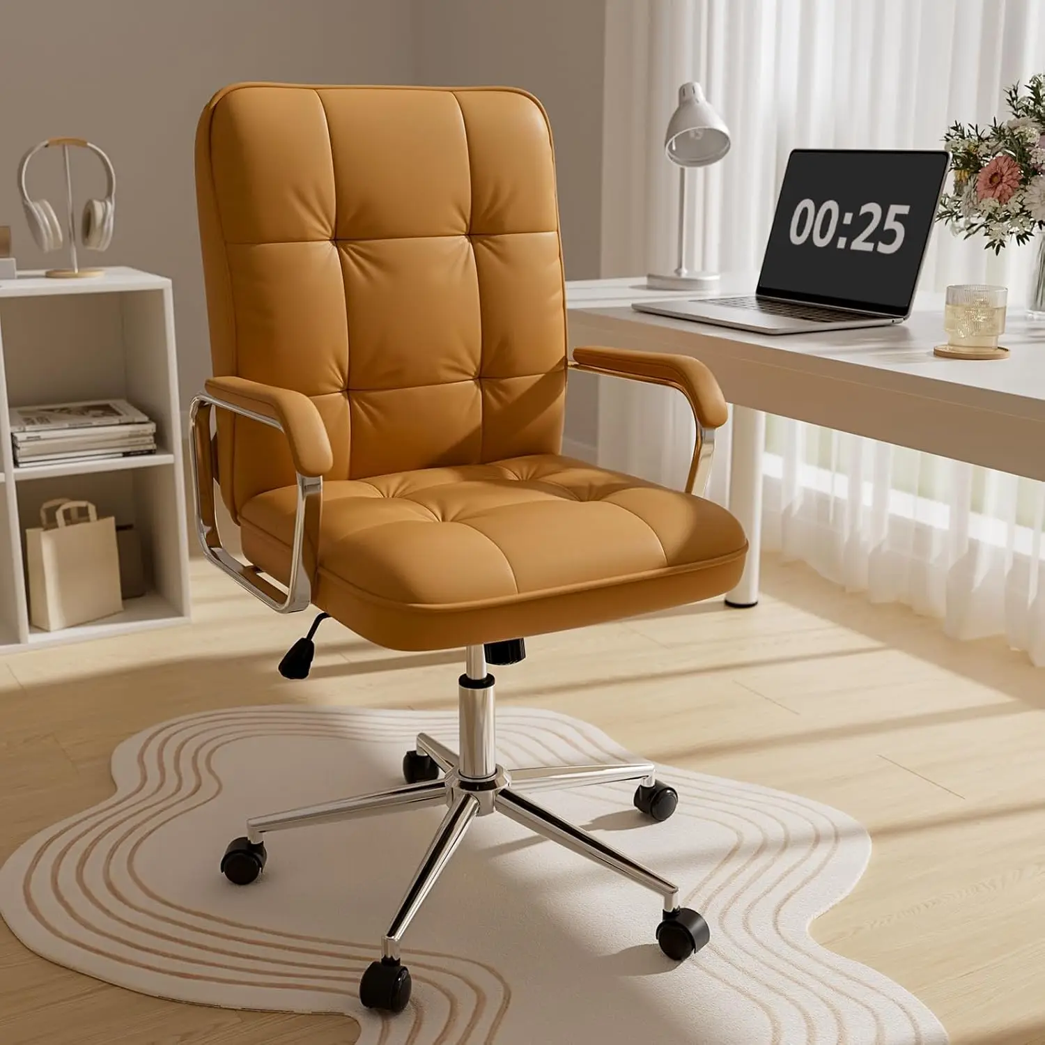 

Brown Leather Office Desk Chair, Swivel Computer Home Office Desk Chair with Wheels and Padded Arms, Adjustable, Customized