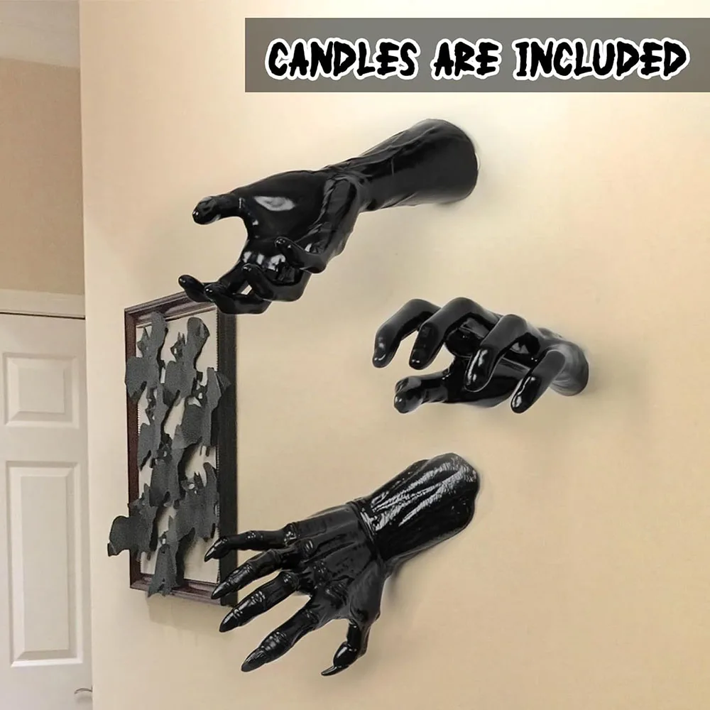 Wall Mounted Creepy Reaching Hands with Lighted Candles,Horror Hands for Gothic Wall Decor, Scary Halloween Decorations Indoor