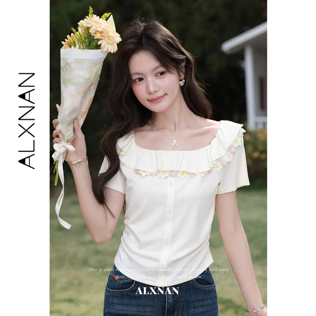 

ALXNAN Women's T-shirt 2026 Summer Light Apricot Lace Ruffle Neck Short Sleeve T-shirt Elegant Fashion Casual Female Tops L62928