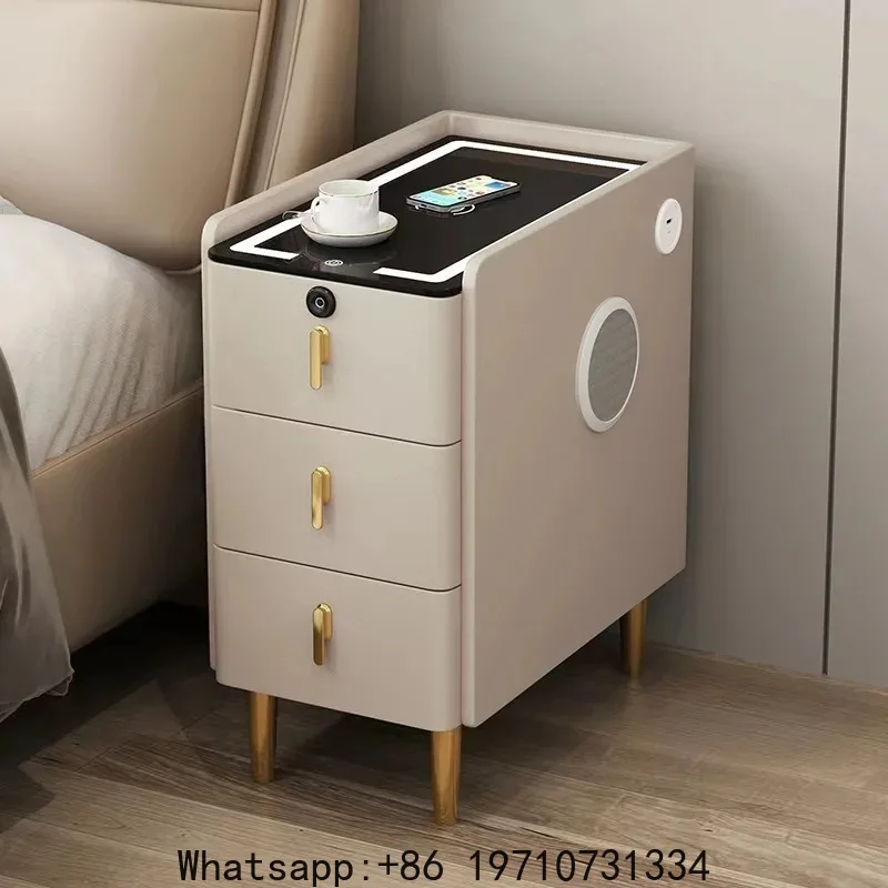 

Nordic Style Intelligent Solid Wood Bedside Table Faux Leather 3 Drawers Nightstands with Wireless Charging Side Storage Cabinet