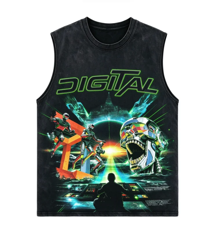 2026 new Single print washed tank top colorful sci-fi mecha cosmic graphic with metallic lettering on front loose sleeveless cut