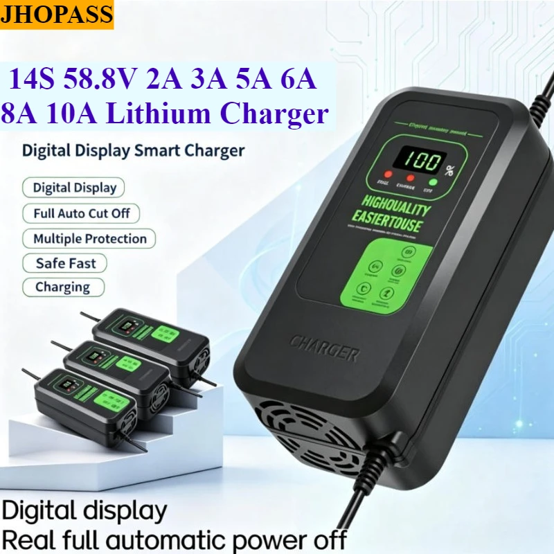 14S 58.8V 2A 3A 5A 6A 8A 10A LCD Li-ion LiFePO4 Lithium Battery Charger with AC220V E-bike Scooter Motorcyle US EU AU UK Plug