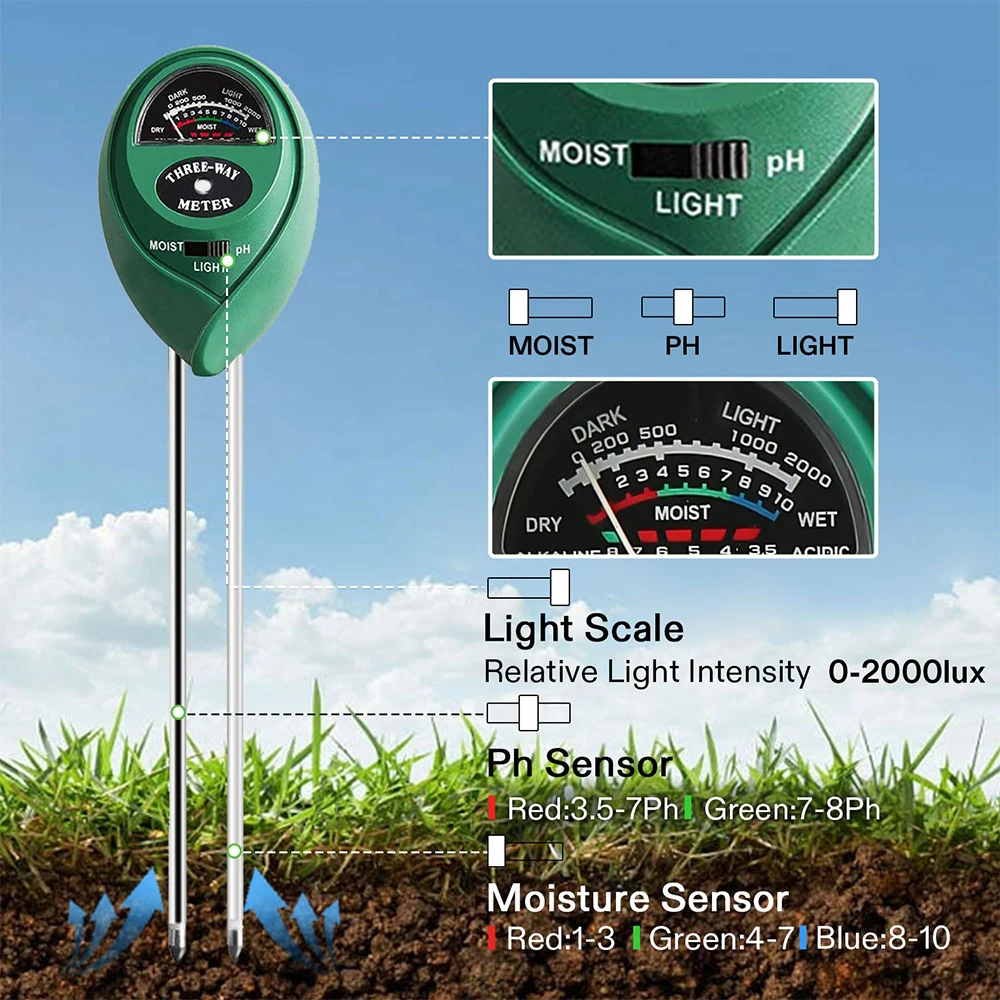 3-in-1 Plant Moisture Meter, pH/Light Meter Soil Test kit for Indoor, Soil Moisture Meter for House Plants for Garden Lawn, Farm