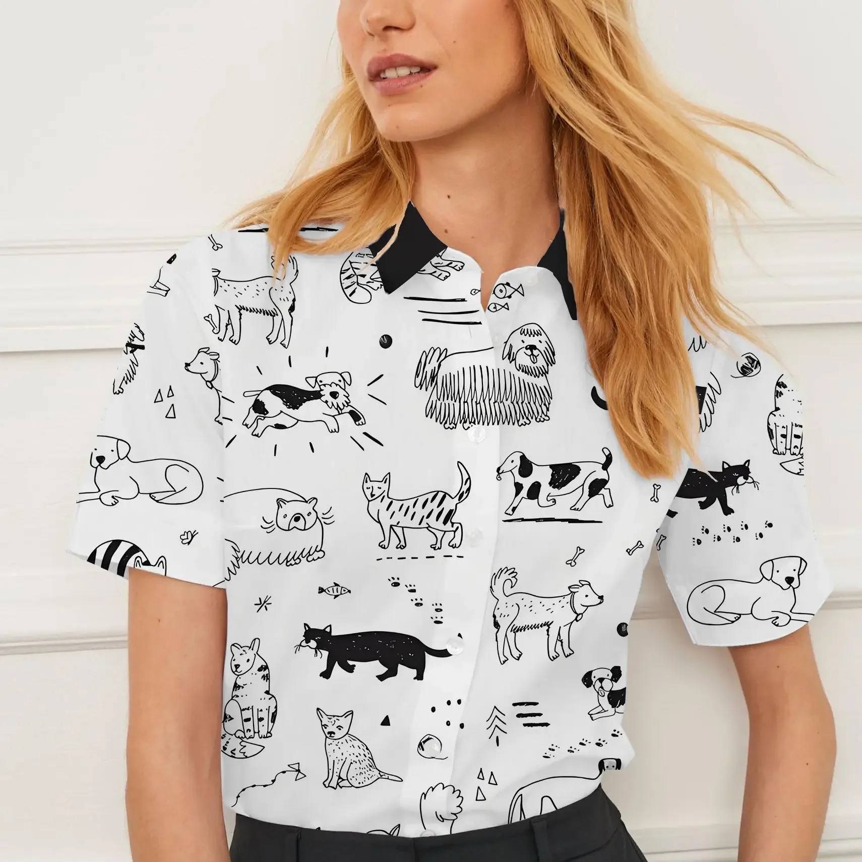 Lapel Shirt Short Sleeve Summer Women's Clothing Cartoon Animal Pattern Print Women's Tops Shirt Fashion Casual Women Blouses