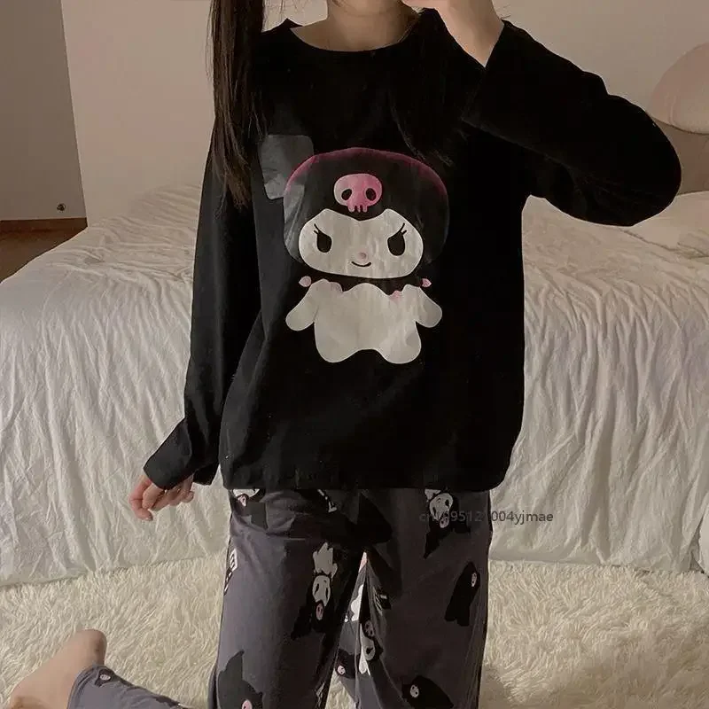 أنيمي 2 قطعة Kuromi المرأة منامة ربيع جديد أنيمي الفتيات الأسود موضة طويلة الأكمام بنطلون طالب عادية طالب المتسكعون