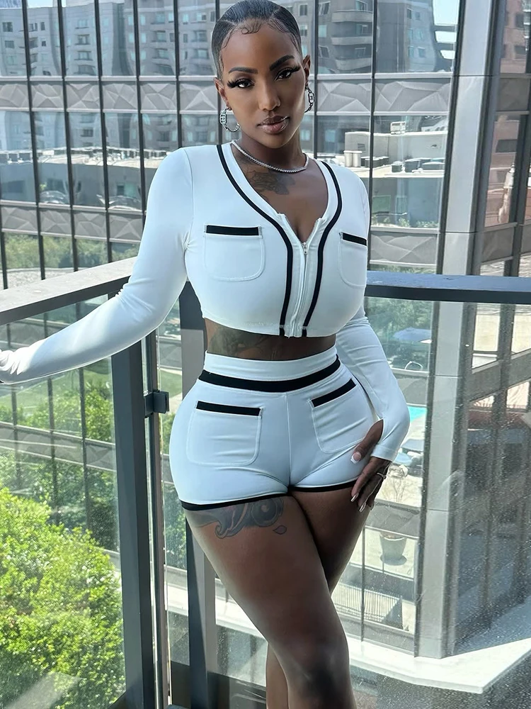 

Weird Puss Pocket Tracksuit 2 Piece Set Woman Casual Zip Crop Tops+Shorts Matching Simple Sporty Matching Streetwear Outfits