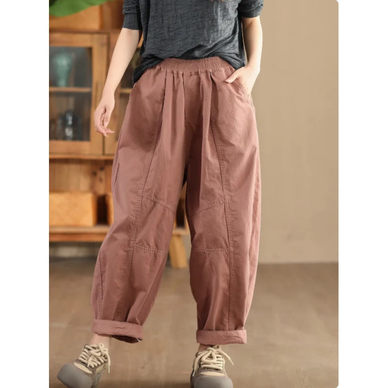 Masss Wasss Fall British Classic Womens Fashion Vintage Loose Casual Pants Ladies Soild Fitness Elegant Elastic Waist Trousers