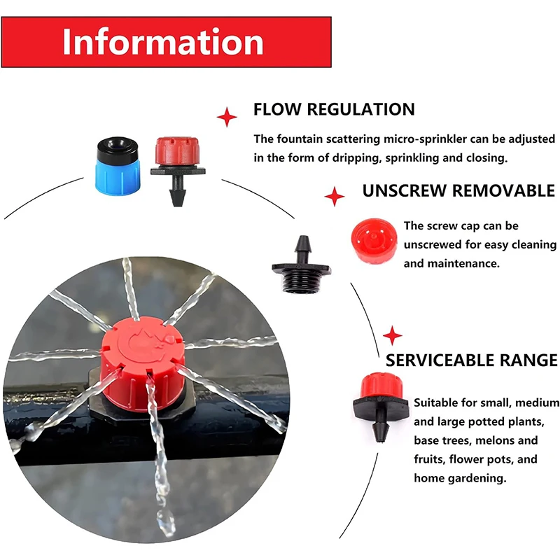 Zraszacz do nawadniania małe czerwone bandana z ośmioma otworami, czerwona, regulowana nasadka kapiąca, nawadnianie ogrodu kroplownik, mikro-Spray