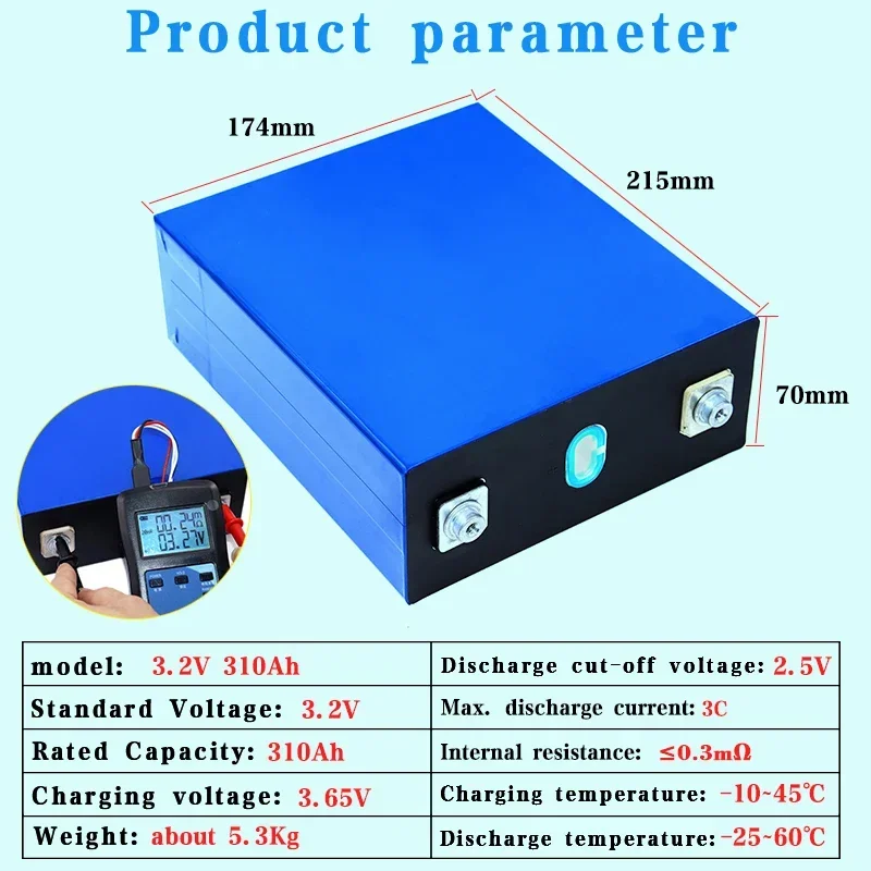 3.2V 310Ah Lifepo4 Battery 3C Discharge Grade A Lithium Iron Phosphate Cells DIY 12V 24V Solar E-car boat RV Yacht Inverter UPS