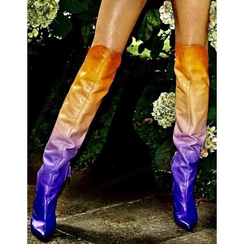 

Gradient Mixed Color Knee High Miter Boot Thin High Heels Shoes for Women Matte Leather Sexy Lady Shoes 2025 Zapatos Para Mujere
